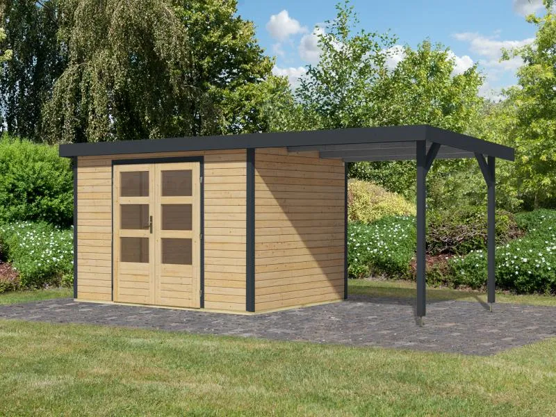 Karibu Hybrid Gartenhaus Jupiter 4 A naturbelassen/anthrazit, inkl. 2,35 m Anbaudach