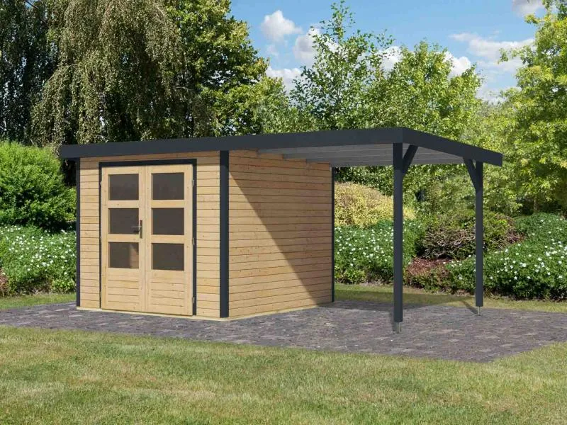Karibu Hybrid Gartenhaus Jupiter 3,5 A naturbelassen/anthrazit, inkl. 2,35 m Anbaudach