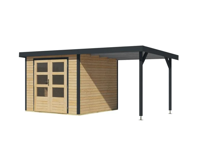 Karibu Hybrid Gartenhaus Jupiter 3,5 A naturbelassen/anthrazit, inkl. 2,35 m Anbaudach