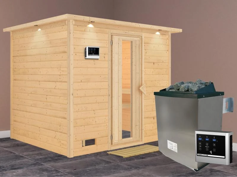 Karibu Sauna Sonara inkl. 9-kW-Ofen mit externer Steuerung, mit Dachkranz, mit energiesparender Saun