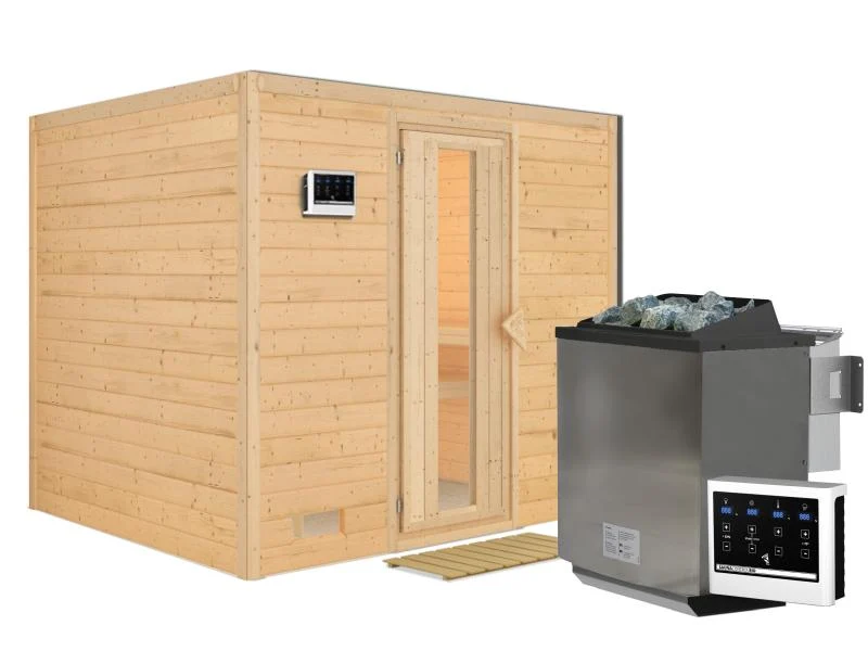 Karibu Sauna Sonara inkl. 9-kW-Bioofen mit externer Steuerung, ohne Dachkranz, mit energiesparender