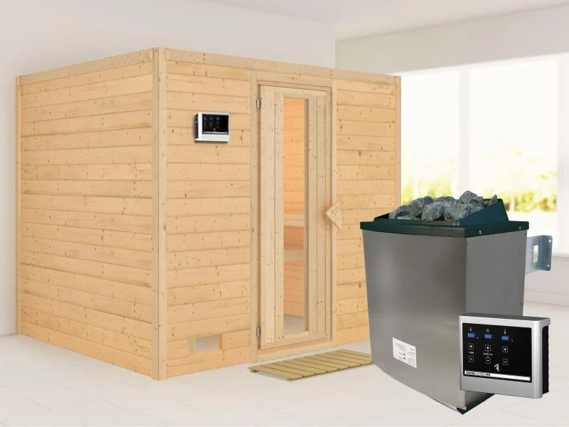 Karibu Sauna Sonara inkl. 9-kW-Ofen mit externer Steuerung, ohne Dachkranz, mit energiesparender Sau