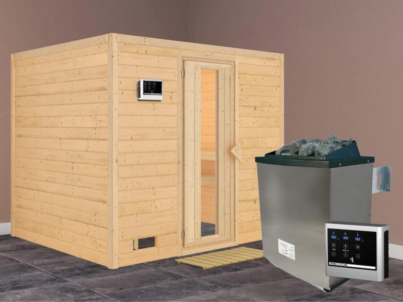 Karibu Sauna Sonara inkl. 9-kW-Ofen mit externer Steuerung, ohne Dachkranz, mit energiesparender Sau