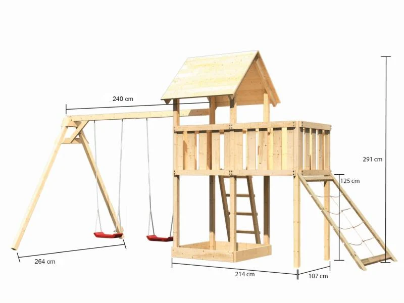 Karibu Spielturm Lotti natur mit Anbauplattform, Netzrampe und Doppelschaukel