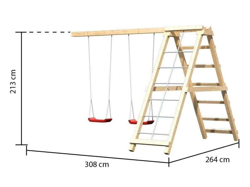 Karibu Spielturm Lotti natur- Anbauplattform- Doppelschaukel inkl. Klettergerüst- Netzrampe