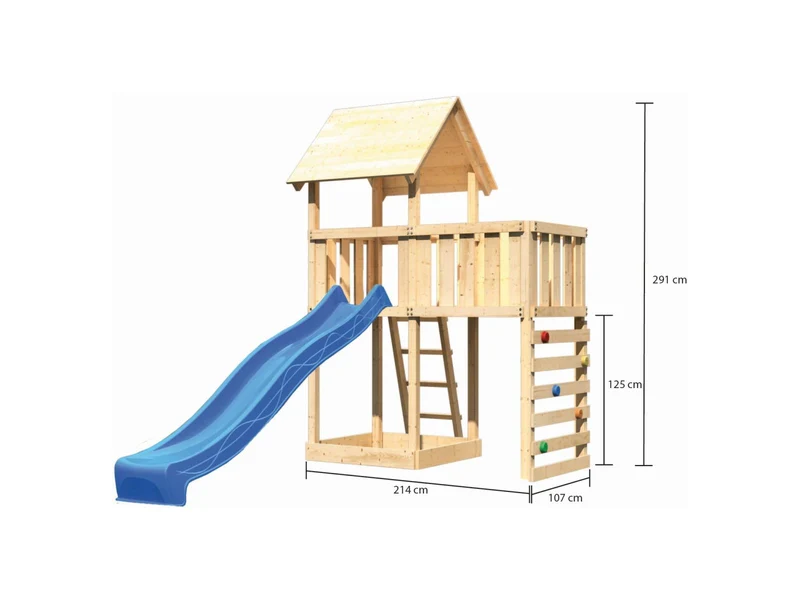 Karibu Spielturm Lotti natur mit Anbauplattform, Kletterwand und Rutsche blau