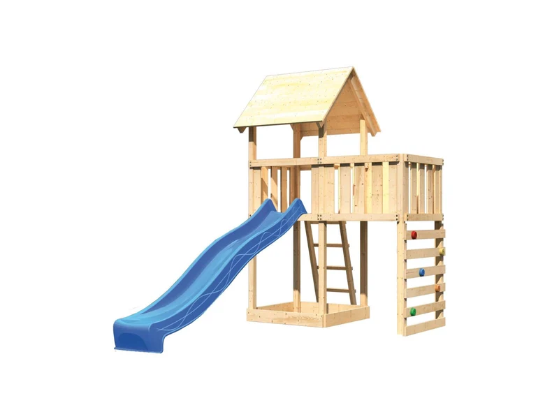 Karibu Spielturm Lotti natur mit Anbauplattform, Kletterwand und Rutsche blau