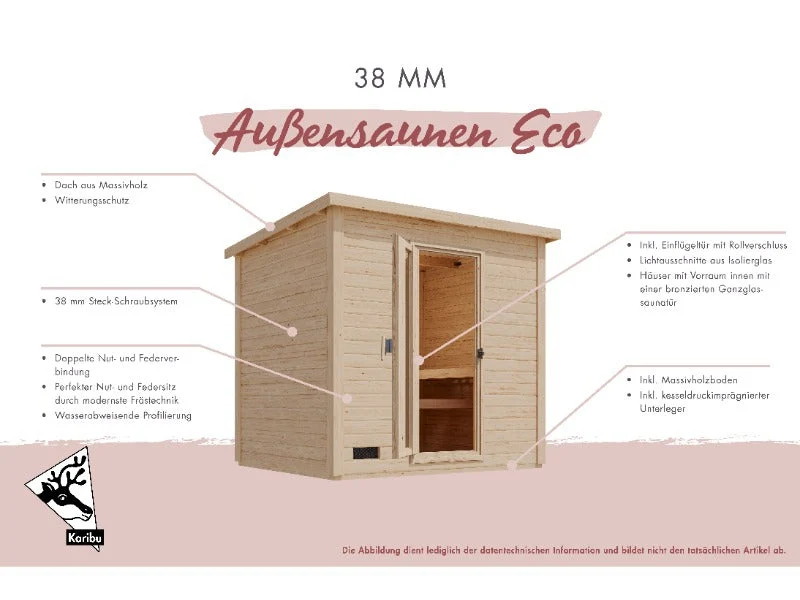 Karibu Saunahaus Hytti 0 38 mm - Ofen 9kW ext. Strg. - Iso Tür naturbelassen