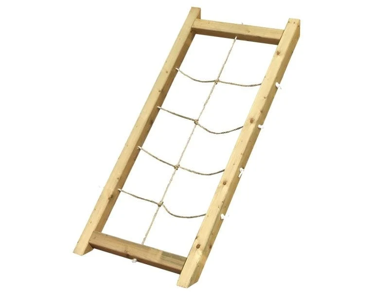 Karibu Spielturm Lotti natur mit Anbauplattform, Netzrampe und Rutsche rot