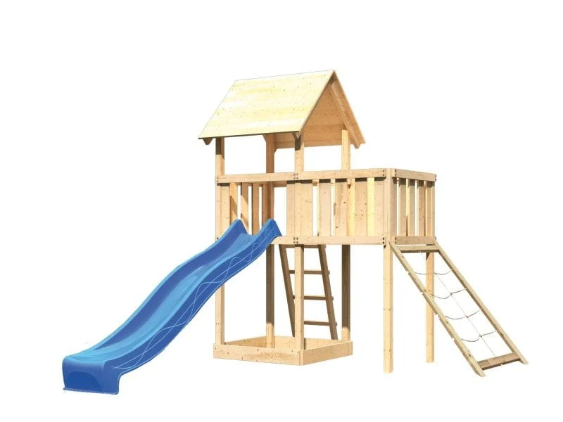 Karibu Spielturm Lotti natur mit Anbauplattform, Netzrampe und Rutsche blau