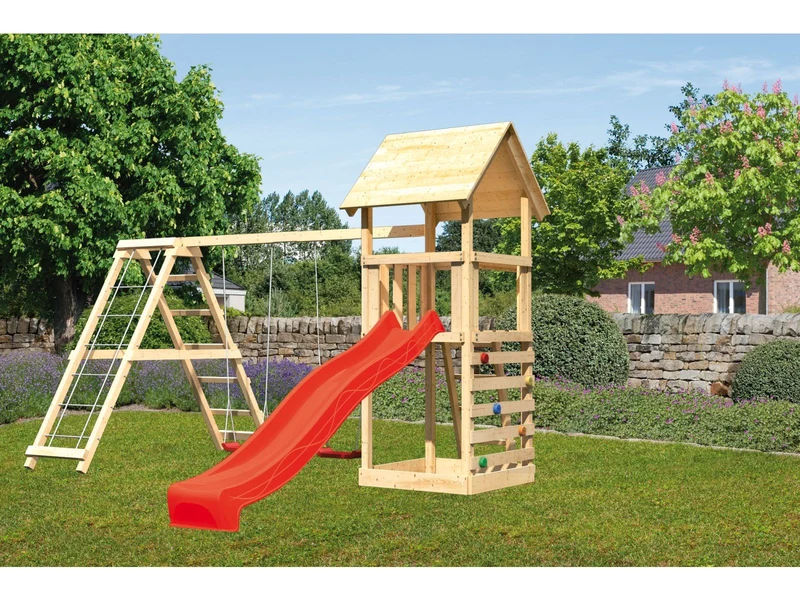 Karibu Spielturm Lotti- Doppelschaukel mit Klettergerüst, Kletterwand und Rutsche in rot