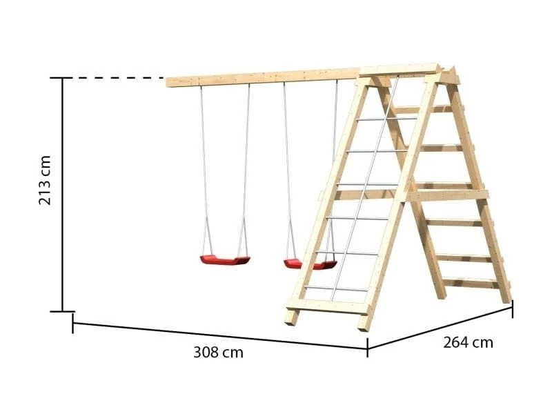 Karibu Spielturm Lotti- Doppelschaukel mit Klettergerüst, Kletterwand und Rutsche in rot