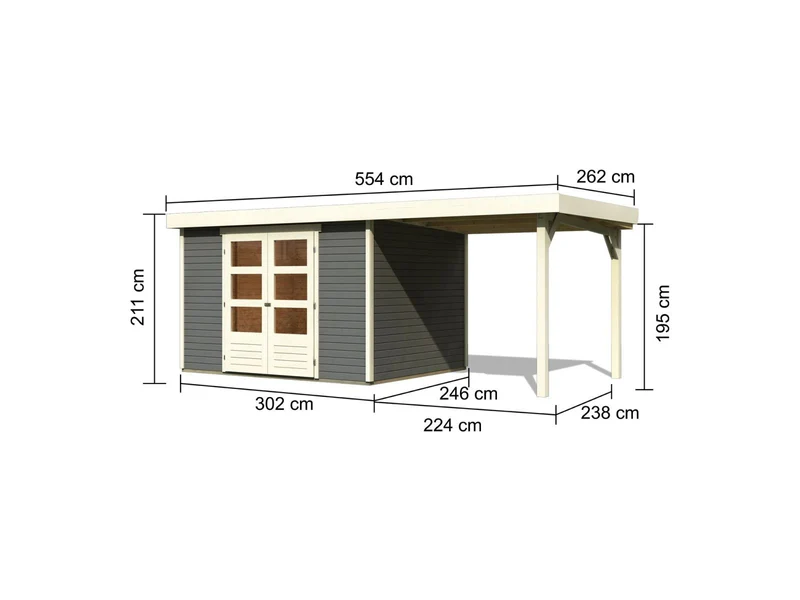 Karibu Gartenhaus Askola 5 mit Anbaudach 2,40 Meter terragrau