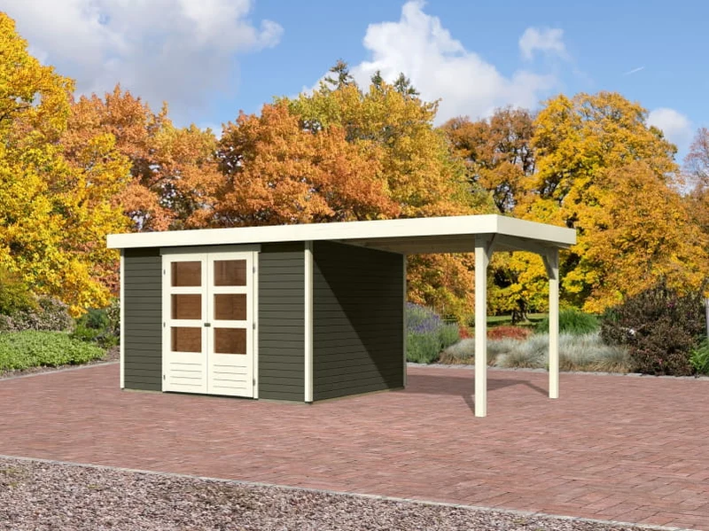 Karibu Gartenhaus Askola 5 mit Anbaudach 2,40 Meter terragrau