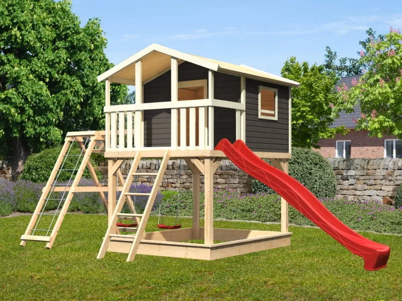 Karibu Stelzenhaus Benjamin grau mit Rutsche in rot und Doppelschaukelanbau mit Klettergerüst und Ne