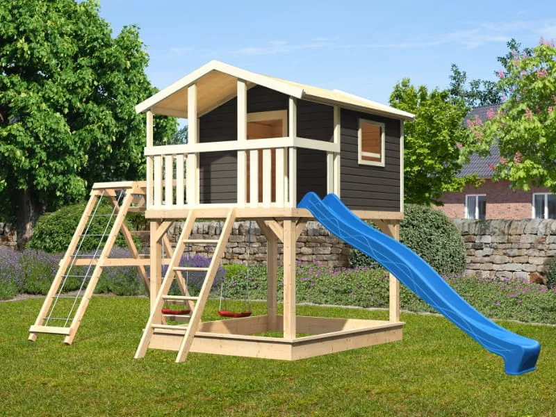 Karibu Stelzenhaus Benjamin grau mit Rutsche in blau und Doppelschaukelanbau mit Klettergerüst und N