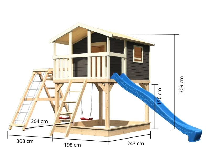 Karibu Stelzenhaus Benjamin grau mit Rutsche in blau und Doppelschaukelanbau mit Klettergerüst und N
