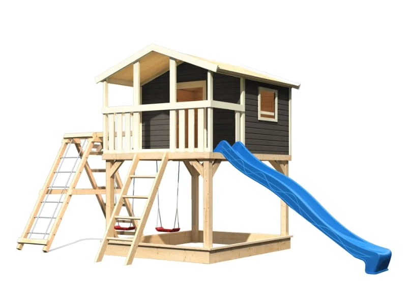 Karibu Stelzenhaus Benjamin grau mit Rutsche in blau und Doppelschaukelanbau mit Klettergerüst und N