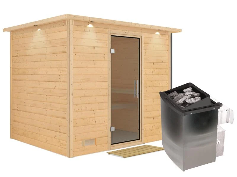 Karibu Sauna Sonara inkl. 9-kW-Ofen mit interner Steuerung, mit Dachkranz, mit moderner Saunatür