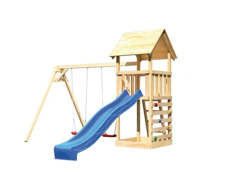 Karibu Spielturm Lotti mit Doppelschaukel, Kletterwand und Rutsche blau