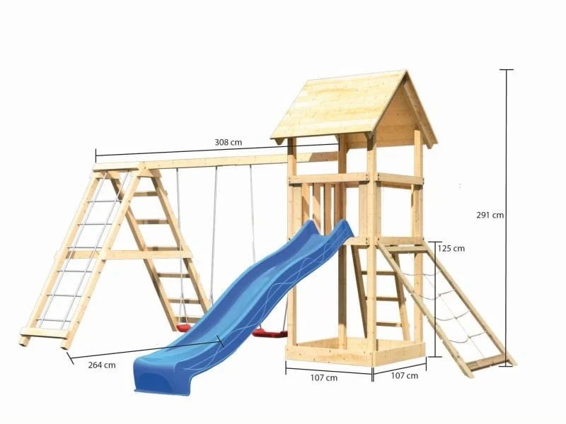 Karibu Spielturm Lotti- Doppelschaukel mit Klettergerüst, Netzrampe und Rutsche in blau