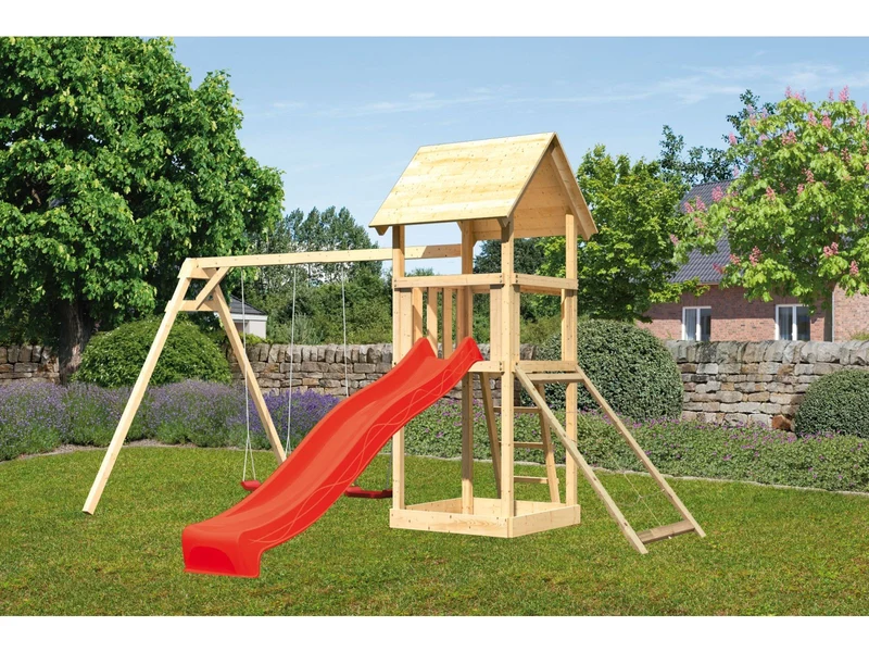 Karibu Spielturm Lotti mit Doppelschaukel, Netzrampe und Rutsche rot