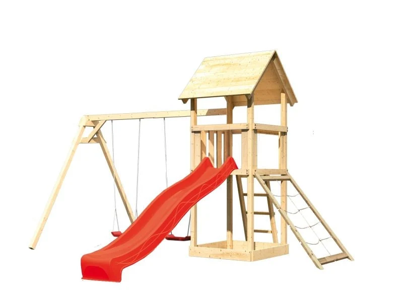 Karibu Spielturm Lotti mit Doppelschaukel, Netzrampe und Rutsche rot