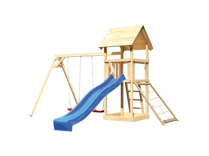 Karibu Spielturm Lotti mit Doppelschaukel, Netzrampe und Rutsche blau