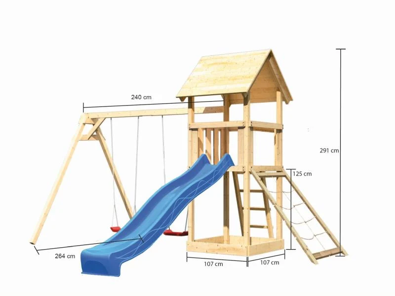 Karibu Spielturm Lotti mit Doppelschaukel, Netzrampe und Rutsche blau