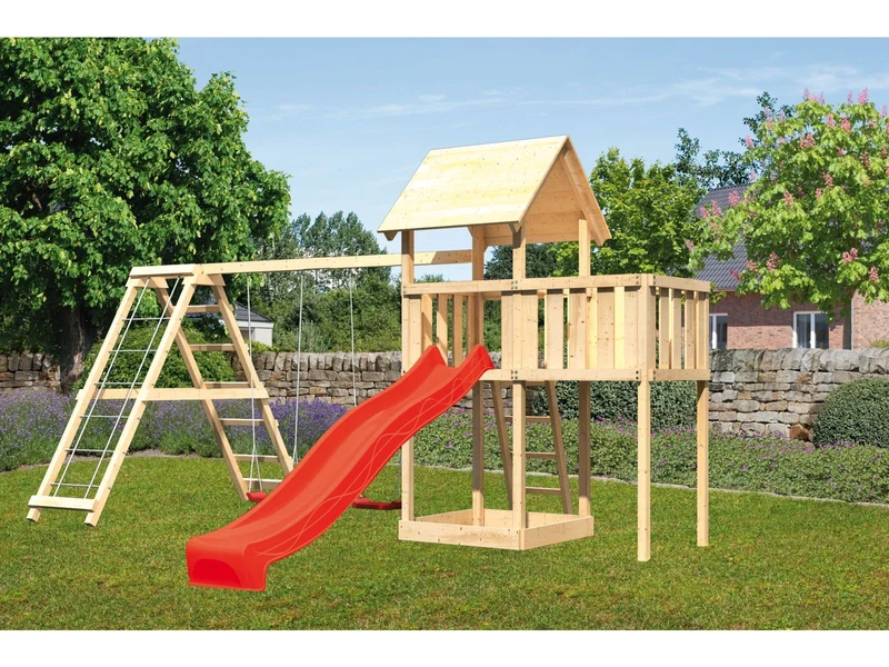 Karibu Spielturm Lotti natur- Anbauplattform- Doppelschaukel inkl. Klettergerüst- Rutsche rot