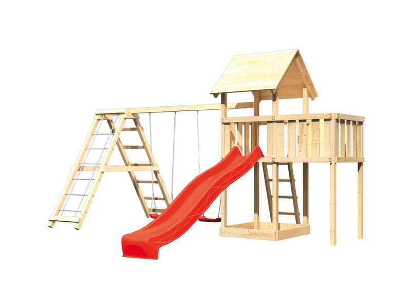 Karibu Spielturm Lotti natur- Anbauplattform- Doppelschaukel inkl. Klettergerüst- Rutsche rot