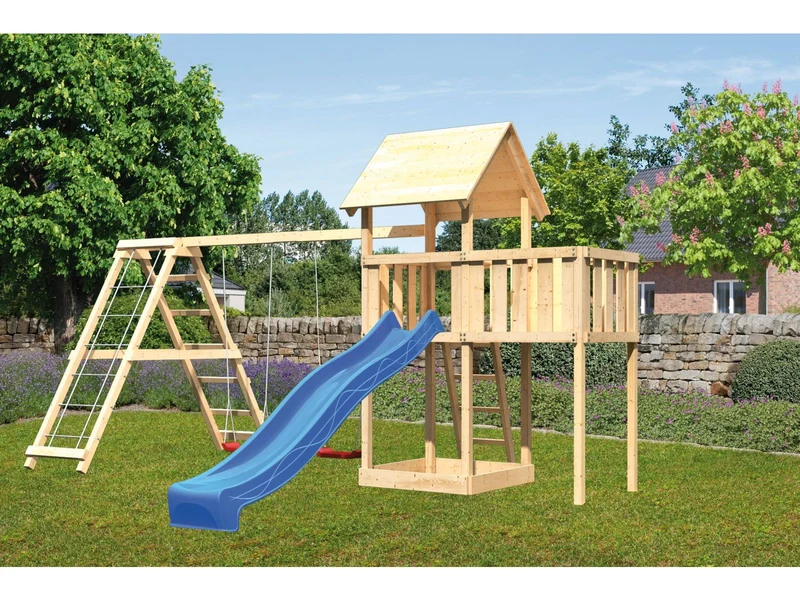 Karibu Spielturm Lotti natur- Anbauplattform- Doppelschaukel inkl. Klettergerüst- Rutsche blau