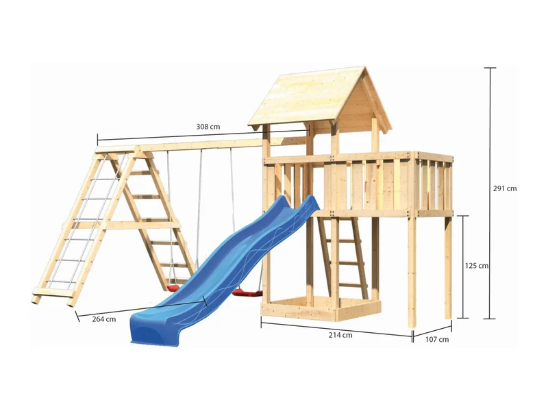 Karibu Spielturm Lotti natur- Anbauplattform- Doppelschaukel inkl. Klettergerüst- Rutsche blau