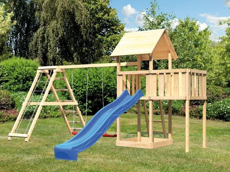 Karibu Spielturm Lotti natur- Anbauplattform- Doppelschaukel inkl. Klettergerüst- Rutsche blau