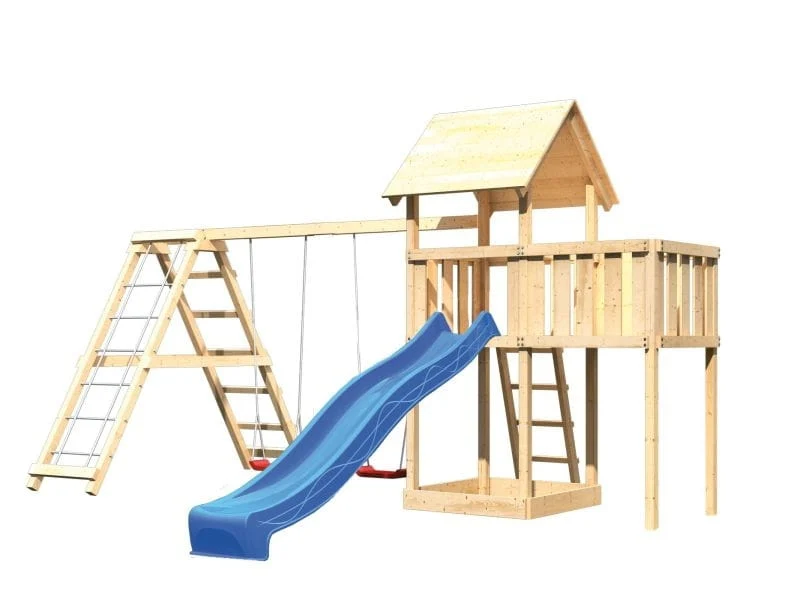 Karibu Spielturm Lotti natur- Anbauplattform- Doppelschaukel inkl. Klettergerüst- Rutsche blau