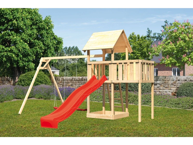 Karibu Spielturm Lotti natur- Anbauplattform- Doppelschaukel- Rutsche rot