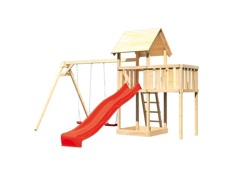 Karibu Spielturm Lotti natur- Anbauplattform- Doppelschaukel- Rutsche rot