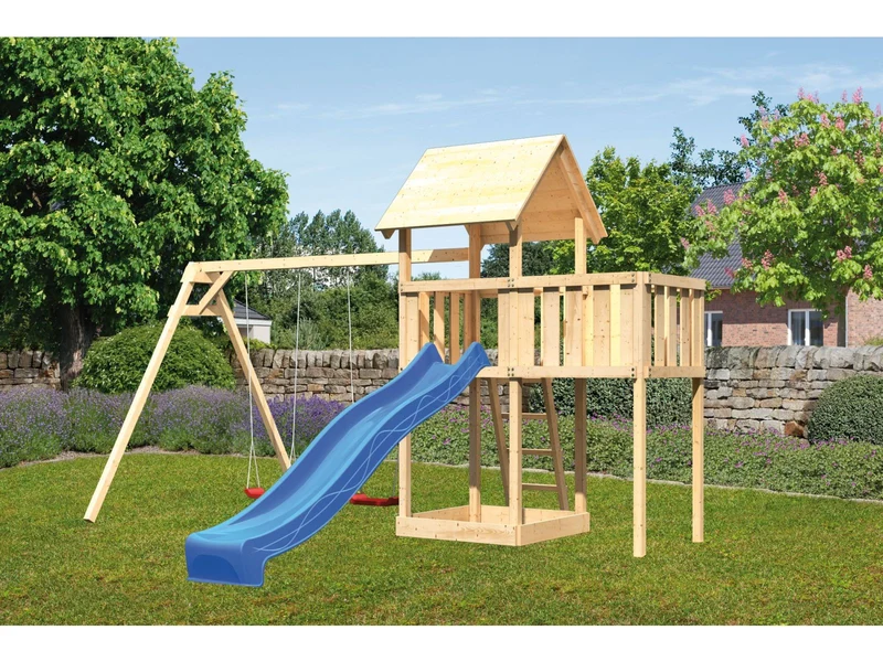 Karibu Spielturm Lotti natur- Anbauplattform- Doppelschaukel- Rutsche blau