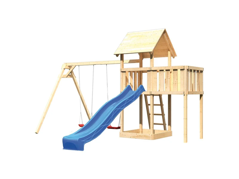 Karibu Spielturm Lotti natur- Anbauplattform- Doppelschaukel- Rutsche blau