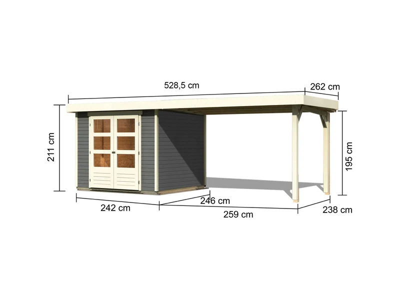 Karibu Gartenhaus Askola 3,5 mit Anbaudach 2,40 Meter terragrau
