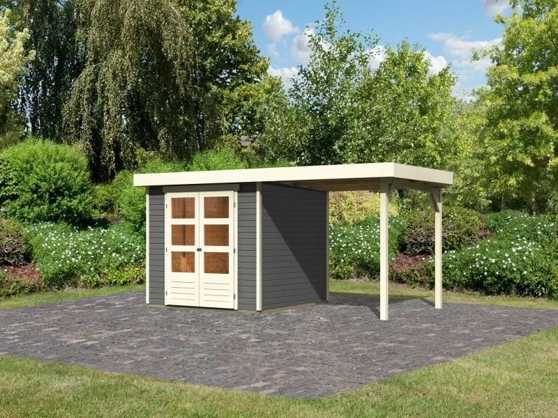 Karibu Gartenhaus Askola 3,5 mit Anbaudach 2,40 Meter terragrau