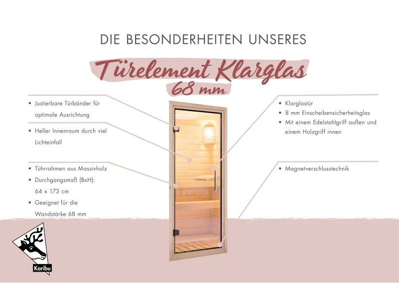 Karibu Saunatür Classic klarglas für 68 mm Wandstärke