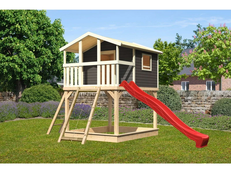 Karibu Stelzenhaus Benjamin terragrau mit Netzrampe und Rutsche in rot