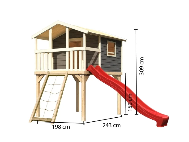 Karibu Stelzenhaus Benjamin terragrau mit Netzrampe und Rutsche in rot
