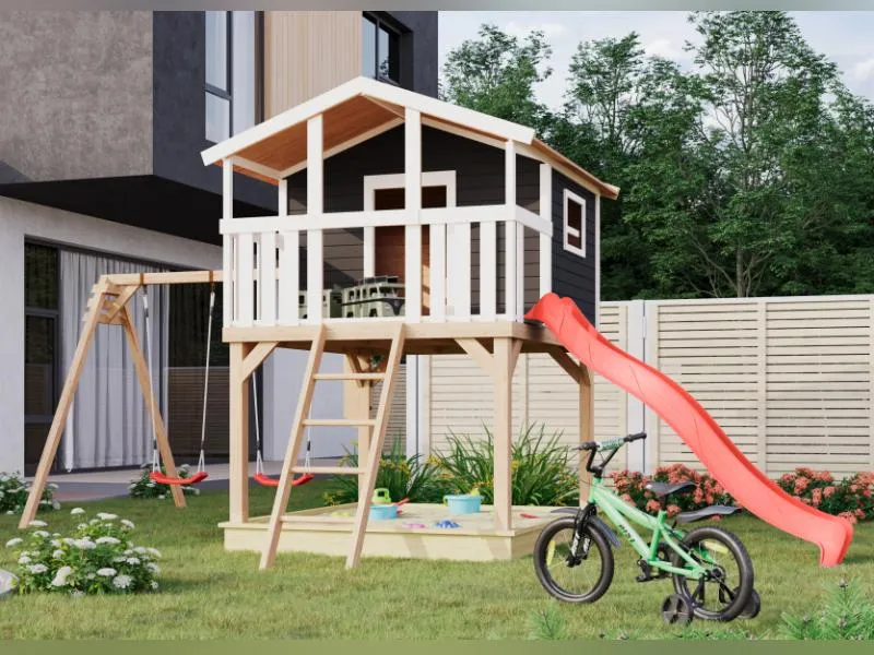 Karibu Stelzenhaus Benjamin in grau mit Rutsche in rot und Doppelschaukelanbau
