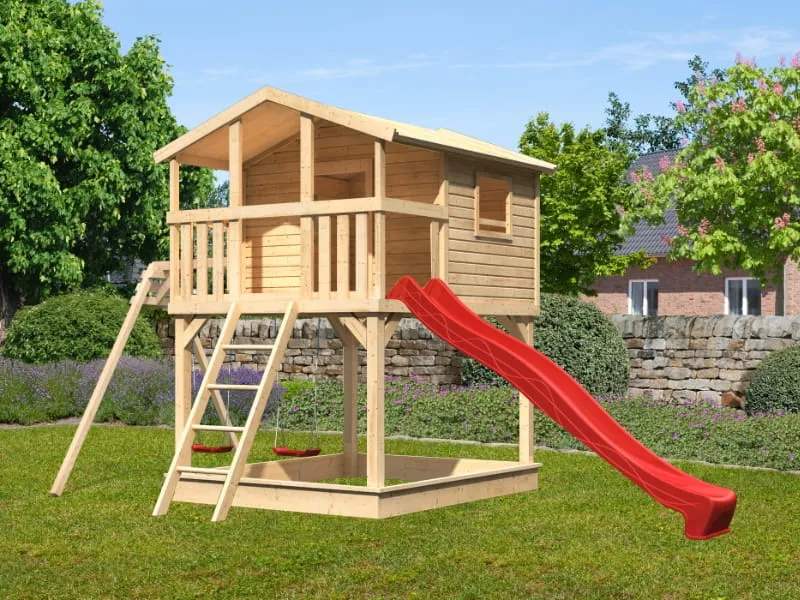 Karibu Stelzenhaus Benjamin natur mit Rutsche in rot und Doppelschaukelanbau