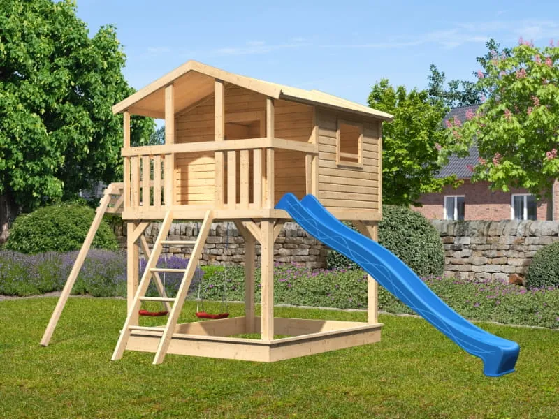 Karibu Stelzenhaus Benjamin natur mit Rutsche in blau und Doppelschaukelanbau