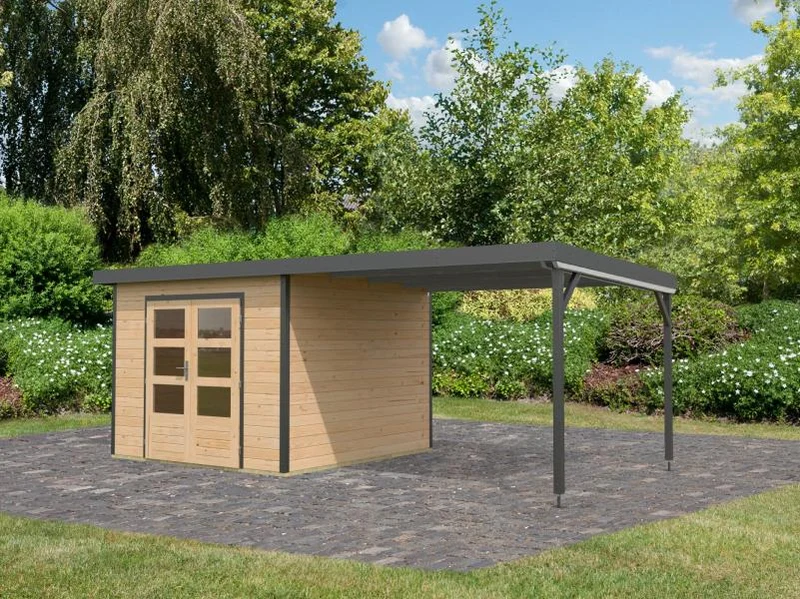 Karibu Hybrid Gartenhaus Pluto 6 A, naturbelassen/anthrazit inkl. 3 m Anbaudach