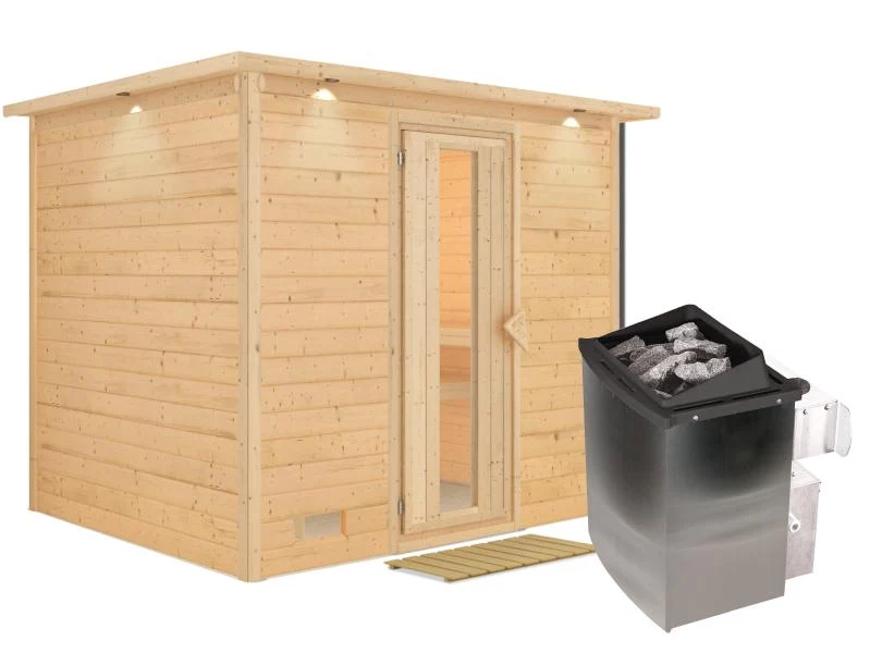 Karibu Sauna Sonara inkl. 9-kW-Ofen mit interner Steuerung, mit Dachkranz, mit energiesparender Saun