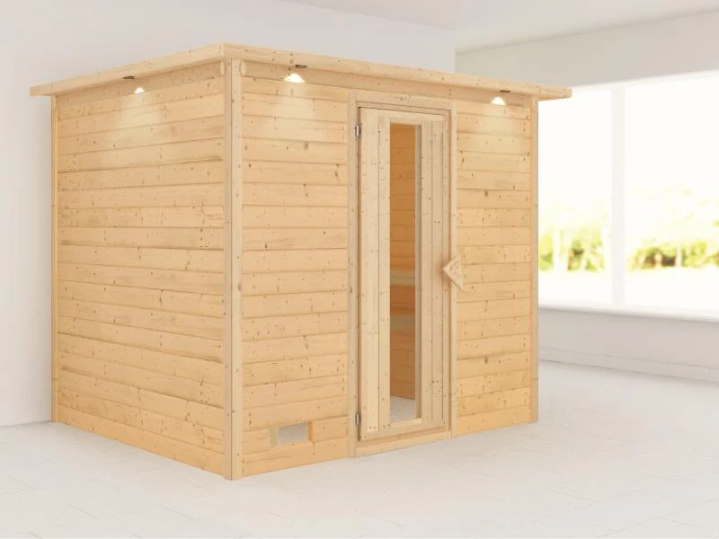 Karibu Sauna Sonara ohne Ofen, mit Dachkranz, mit energiesparender Saunatür